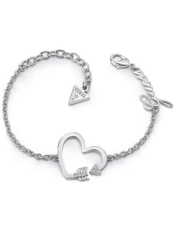 Guess bracciale in acciaio color argento con freccia a forma di cuore e scritta