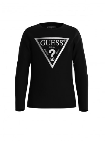 Guess t-shirt kids-junior nera manica lunga con logo laminato