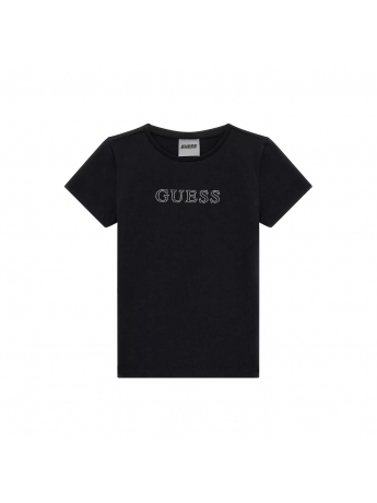 Guess T-shirt kids-junior  in cotone nera logo frontale con strass