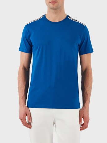 Emporio Armani t-shirt in cotone blu royal con banda logo sulle spalle