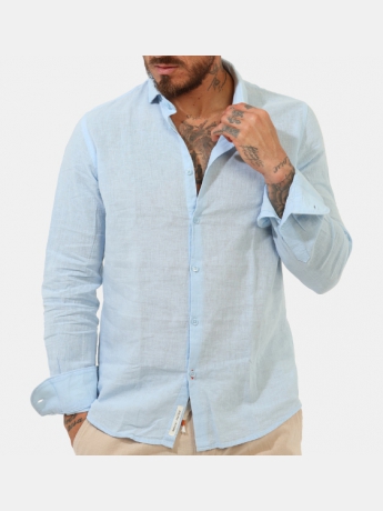 Yes Zee camicia uomo collo alla francese azzurra misto lino