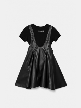 Pinko abito kids/junior scamiciato in ecopelle e t-shirt con stampa nero