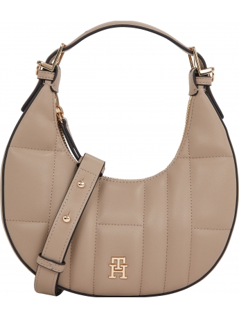 Tommy Hilfiger Borsa trapuntata a mezzaluna con monogramma beige scuro