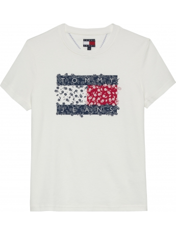 Tommy Hilfiger T-shirt in cotone bianco con bandiera e motivo floreale