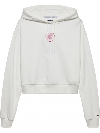 Tommy Hilfiger felpa cropped con cappuccio in cotone bianco con stampa cuore posteriore