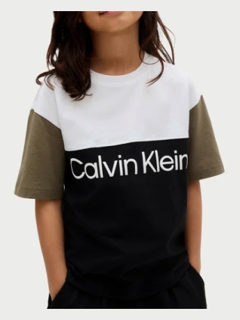 Calvin Klein tshirt kids/junior bloking tee bianca nera verde con logo frontale