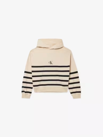 Calvin Klein FELPA CON CAPPUCCIO KIDS/JUNIOR IN COTONE PANNA MOTIVO A RIGHE IN CONTRASTO