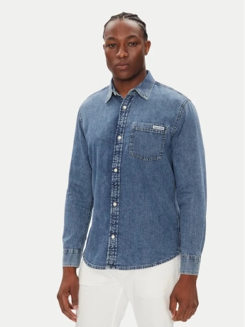 Calvin Klein CAMICIA JEANS DENIM CHIARO CON TASCA E LOGO SUL PETTO