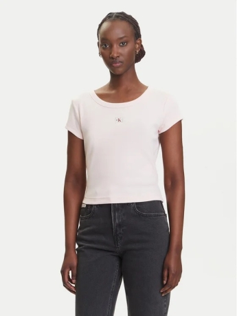 Calvin Klein T-shirt cropped  slim in cotone rosa a coste con logo