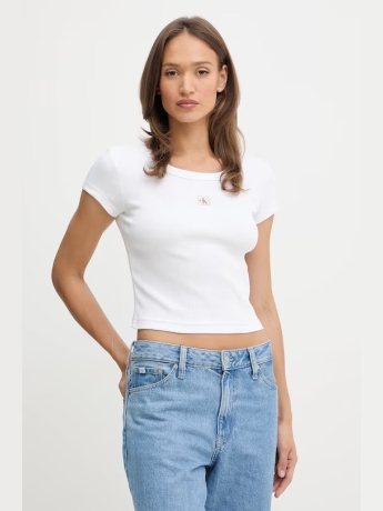 Calvin Klein T-shirt cropped  slim in cotone  bianco a coste con logo