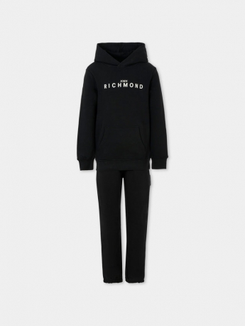 John Richmond TUTA KIDS JUNIOR CON CAPPUCCIO IN COTONE NERO STAMPA LOGO