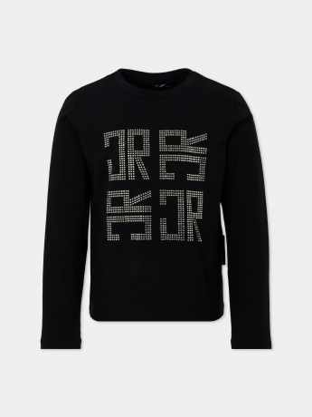 John Richmond T-shirt kids junior nera in cotone, con maniche lunghe e girocollo a costine decorata con logo di strass sulla parte anteriore.