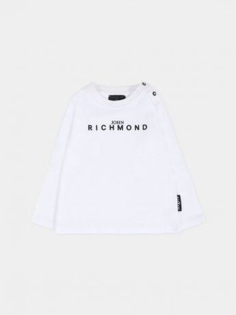 John Richmond T-shirt infant  bianca in cotone, a maniche lunghe, con girocollo a costine e chiusura con bottoni automatici sulla spalla È decorata con logo nero gommato, sulla parte anteriore.
