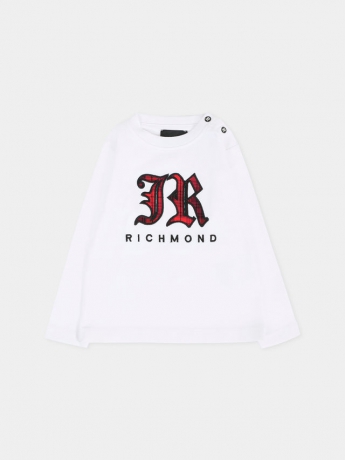 John Richmond T-shirt infant bianca in cotone pesante, a maniche lunghe, con girocollo a costine e chiusura con bottoni automatici sulla spalla. È decorata con logo in tartan, ricamato sulla parte anteriore.