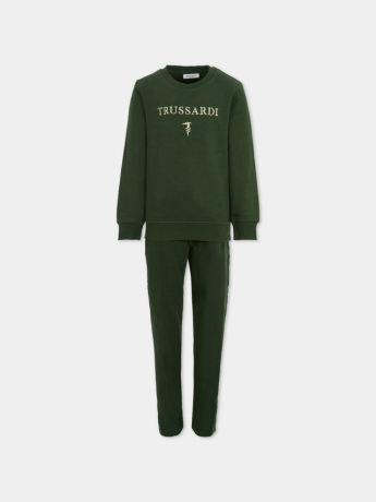 Trussardi TUTA KIDS/JUNIOR CHELA IN COTONE FELPATO VERDE CON LOGO FRONTALE