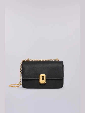 Trussardi Borsa a tracolla Cameo small in vera pelle nera grana riso con catena in metallo dorato