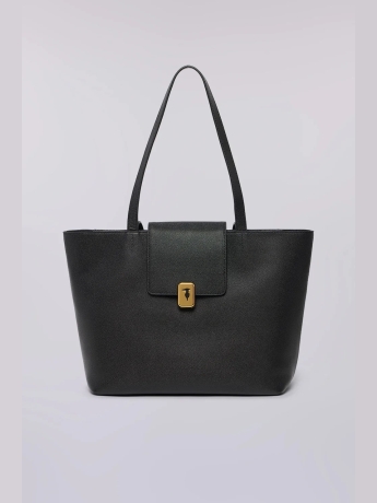 Trussardi Borsa shopping Cameo in vera pelle nera grana riso con dettaglio d'archivio al centro  galvanica oro