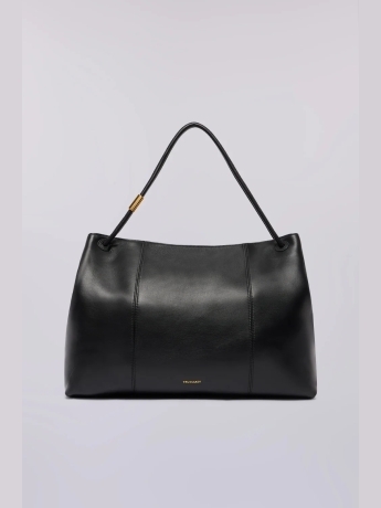 Trussardi Borsa tote Orbita in nappa nera  con tracolla rotante elemento gioiello oro e scritta Trussard