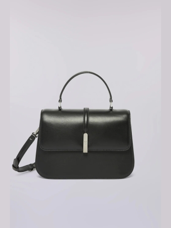 Trussardi Borsa a mano rigida in vera pelle di vitello nero spazzolata  con tracolla amovibile e chiusura magnetica incisa