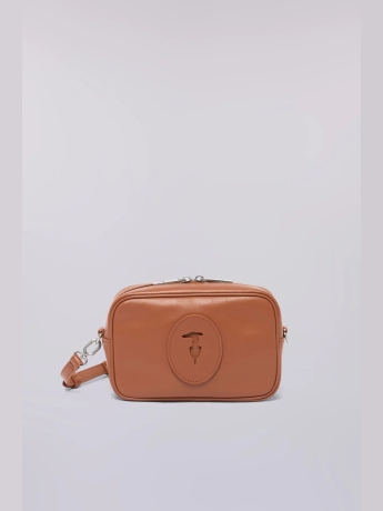 Trussardi Camera bag Society in vera pelle  color cammello con tracolla amovibile, zip bidirezionale, tasca interna e patch distintivo con levriero
