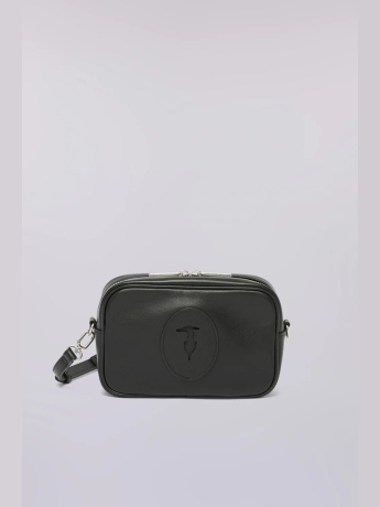 Trussardi Camera bag Society in vera pelle nera con tracolla amovibile, zip bidirezionale, tasca interna e patch distintivo con levriero