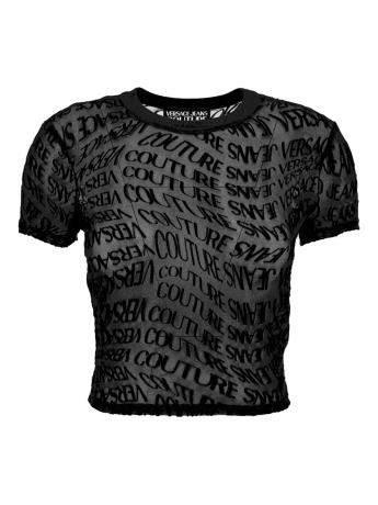 Versace Jeans t-shirt in rete trasparente nera  con logo all over