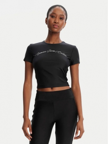 Versace Jeans t-shirt crop nera con logo strass