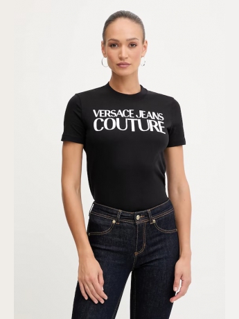 Versace Jeans t-shirt in cotone  nero con stampa logo frontale