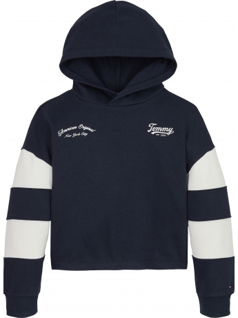 Tommy Hilfiger FELPA CON CAPPUCCIO KIDS/JUNIOR IN COTONE BLU CON LOGO POSTERIORE  E MANICHE A RIGHE