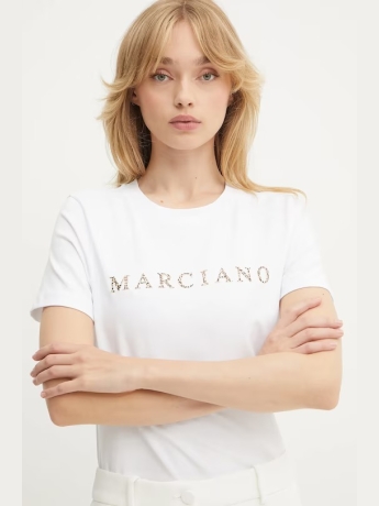 Guess T-SHIRT CANDY RN SS IN COTONE BIANCO CON LOGO MARCIANO ANIMALIER
