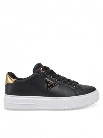 Guess sneakers in ecopelle liscia nera con logo triangolo e dettaglio oro DENESA12