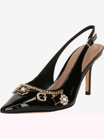 Guess Décolleté  NASKA2 in ecopelle vernice nera con decorazione catena oro e loghi