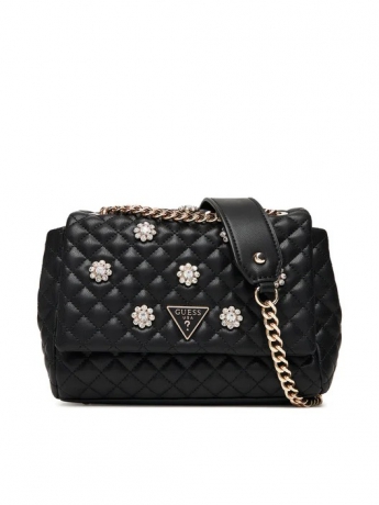 Guess BorsA A TRACOLLA  Everlee IN ECOPELLE MATELASSE NERA CON DECORAZIONI E TRACOLLA METALLO ORO