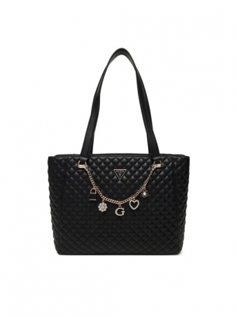 Guess BORSA SHOPPING Everlee  IN ECOPELLE MATELASSE NERA CON CHARM LOGO