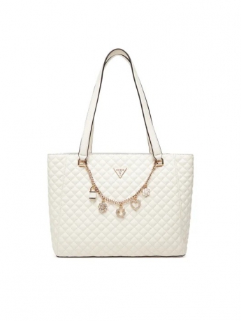 Guess BORSA SHOPPING Everlee  IN ECOPELLE MATELASSE BIANCA  CON CHARM LOGO
