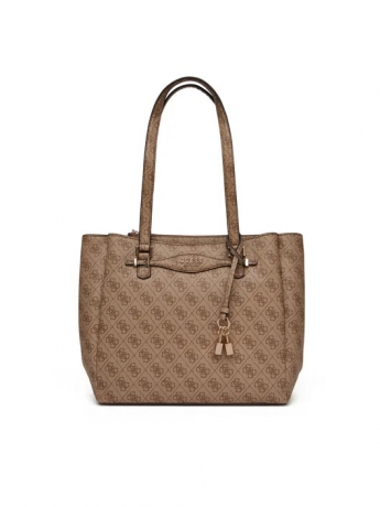 Guess BORSA KATYA SHOPPING IN ECOPELLE BEIGE SCURO CON LOGO ALL OVER