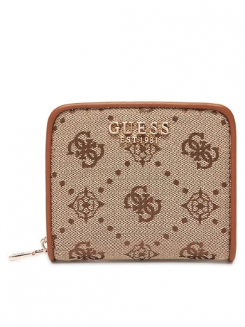Guess Portafoglio piccolo  ZIP AROUND IN TESSUTO BEIGE SCURO CON LOGO ALL OVER