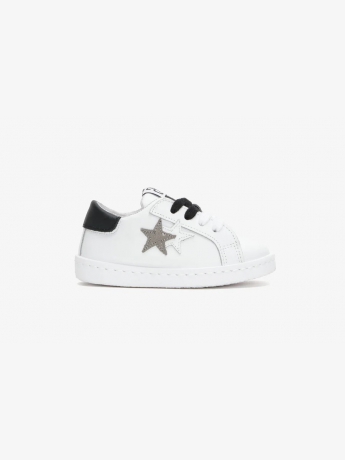 2star SNEAKERS kids LOW in PELLE BIANCA con DETT.agli in crosta NERO e grigio