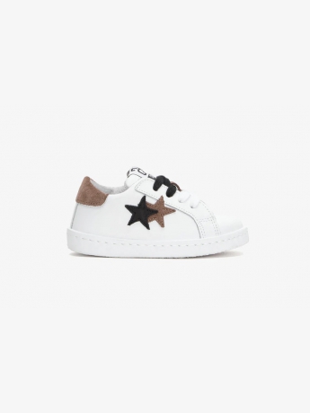 2star SNEAKERS kids LOW in PELLE BIANCA con DETT.agli in crosta NERO e moro