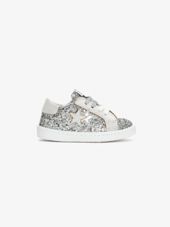 2star SNEAKERS kids LOW  GLITTER ARGENTO con dettagli crack bianchi
