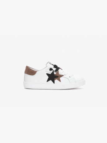 2star SNEAKERS junior LOW in PELLE BIANCA con DETT.agli in crosta NERO e moro