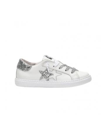2star SNEAKERS junior LOW in PELLE BIANCA con DETT.agli in glitterati argento