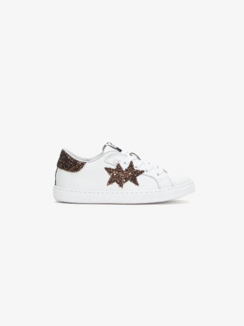 2star SNEAKERS junior LOW in PELLE BIANCA con DETT.agli in glitterati bronzo