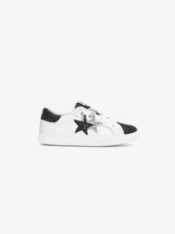 2star SNEAKERS junior LOW in PELLE BIANCA con DETT.agli in glitterati nero oro