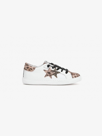 2star SNEAKERS junior LOW in PELLE BIANCA con DETT.agli in leopardati