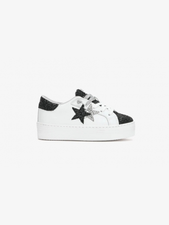 2star SNEAKERS junior plattform  in PELLE BIANCA con DETT.agli in glitterati