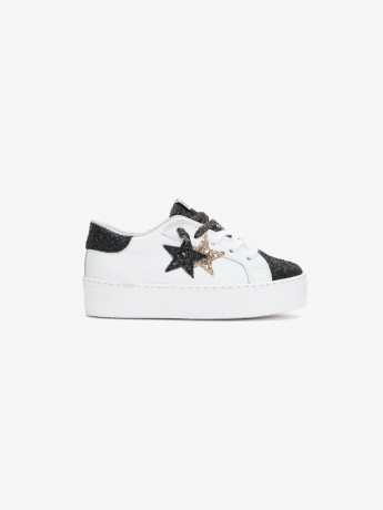 2star SNEAKERS junior plattform  in PELLE BIANCA con DETT.agli in glitterati nero oro