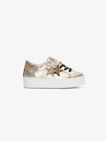 2star SNEAKERS junior plattform  in PELLE laminata oro  con DETT.agli in leopardati