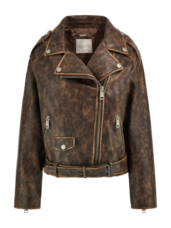 Guess giubbotto biker CHARLENE OVERSIZE  in ecopelle marrone vintage