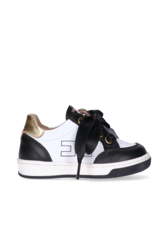Eli SNEAKER infant/kids in pelle bicolore bianco nero con logo e lascci in raso